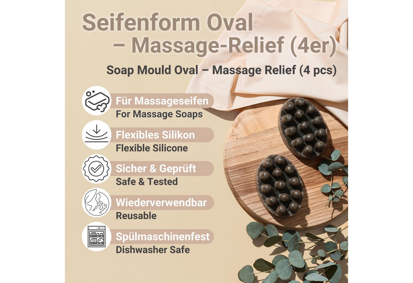 DistrEbution Silikonform Oval Massage-Relief, Seifenform, Relief Gießform für Handseife, Körperseife & Peelingseife – Bild 2 von 5
