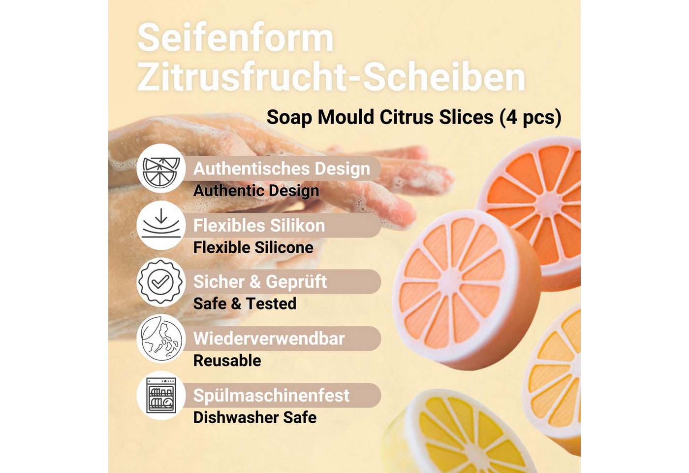 DistrEbution Silikonform Zitrusfrucht-Scheiben, Zitronen- & Orangenscheiben Design, Seifenform, Seife gießen, flexibel, spülmaschinenfest – Bild 2 von 5
