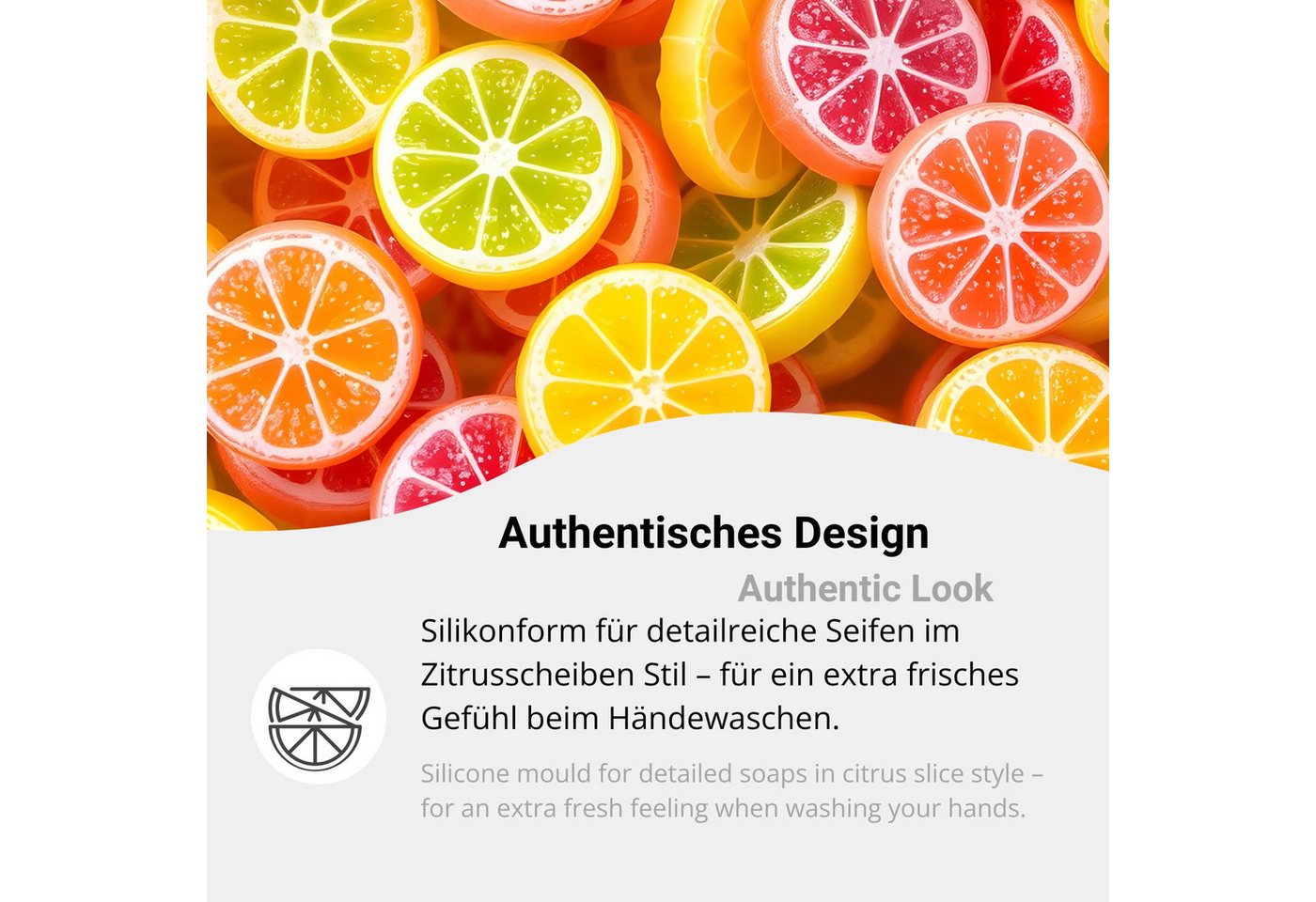 DistrEbution Silikonform Zitrusfrucht-Scheiben, Zitronen- & Orangenscheiben Design, Seifenform, Seife gießen, flexibel, spülmaschinenfest – Bild 4 von 5