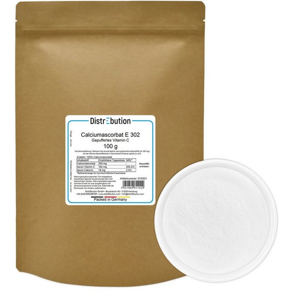 DistrEbution Vitamin C Pulver, Rein und Gepuffert, Calciumascorbat E 302 Pulver, 100 g