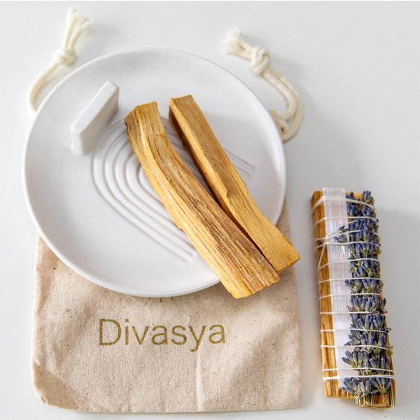 DIVASYA Räucherschale Palo Santo räuchern, für Yoga & Meditation, mit Räucherschale, mit Lavendel und echtem Selenit, inkl. Anleitung, Geschenkidee