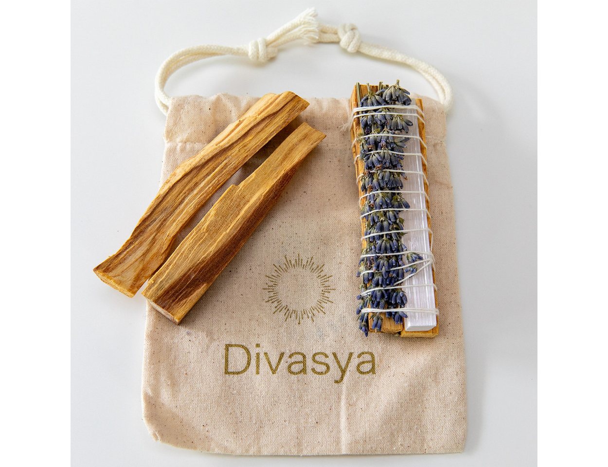 DIVASYA Räucherschale Palo Santo räuchern, für Yoga & Meditation, mit Räucherschale, mit Lavendel und echtem Selenit, inkl. Anleitung, Geschenkidee – Bild 5 von 5