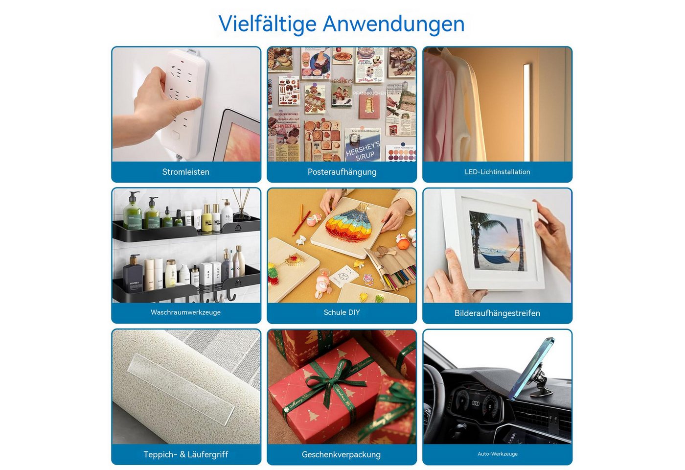 Diwzbyn Doppelklebeband 3M doppelseitiges Klebeband, starkes, ablösbares Montageklebeband doppelseitiges Klebeband UNIVERSAL,Bilderaufhängeband – Bild 4 von 5