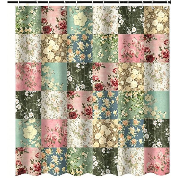 Diwzbyn Duschvorhang Vintage-Boho-Badezimmerdeko mit rosa Blumen, 80x200cm/180x180cm Breite 180 cm, Patchwork-Blumendesign im Landhausstil, mit 12 transparenten