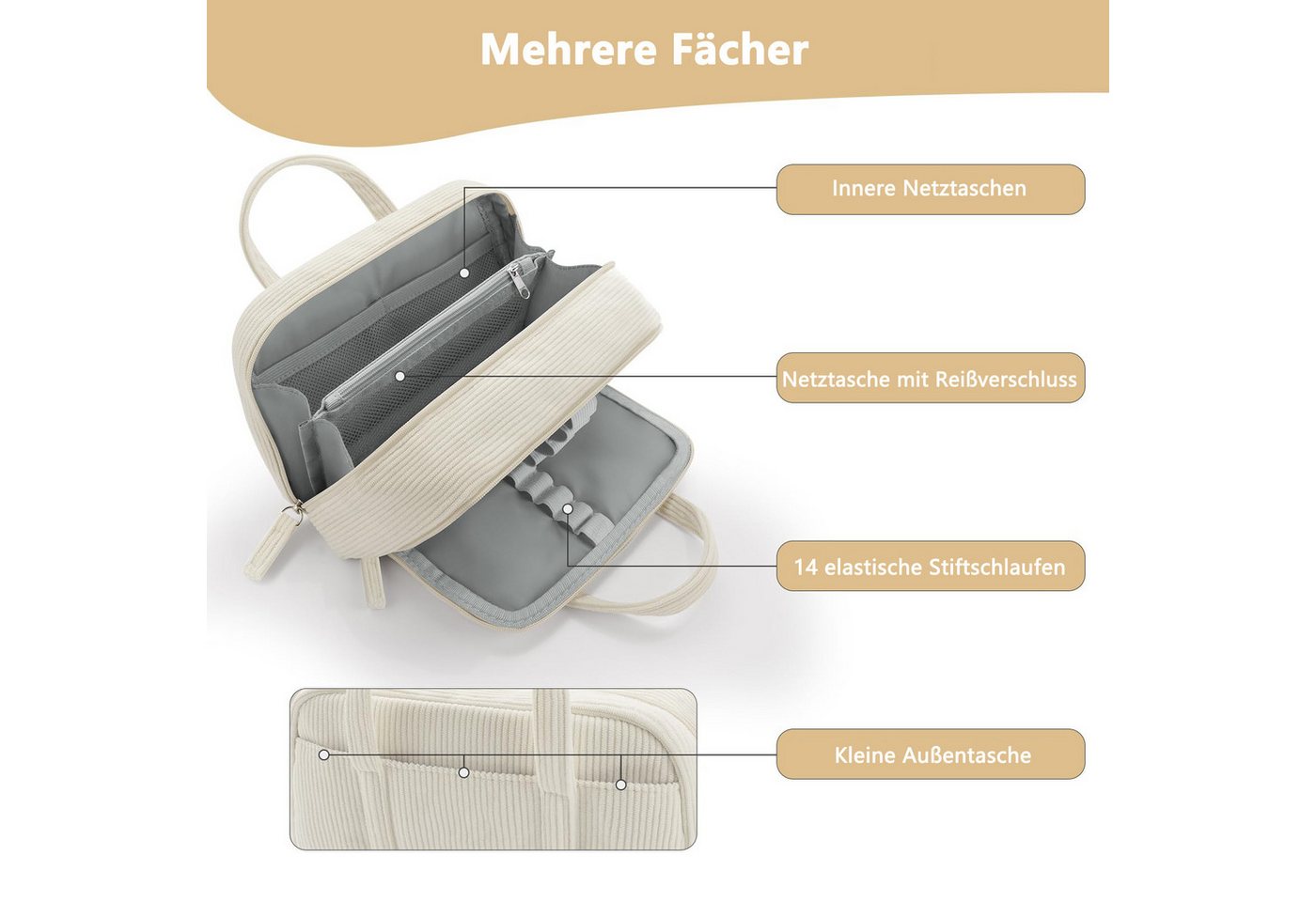 Diwzbyn Federmäppchen Federtaschen, extra große Stiftetasche mit 5 Fächern, Mäppchen, mit weiter Öffnung, weicher Organizer aus Cord mit Reißverschluss – Bild 4 von 5