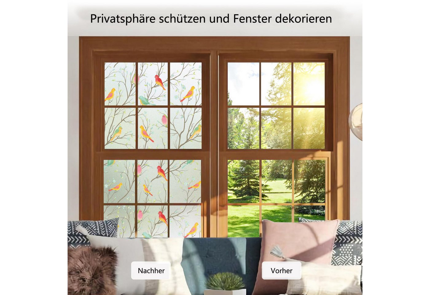Diwzbyn Fensterfolie Blickdicht, Selbsthaftend Milchglasfolie, Sichtschutzfolie Fenster, Sonnenschutzfolie Statisch Haftend Anti UV Dekorfolie Vogel – Bild 3 von 5
