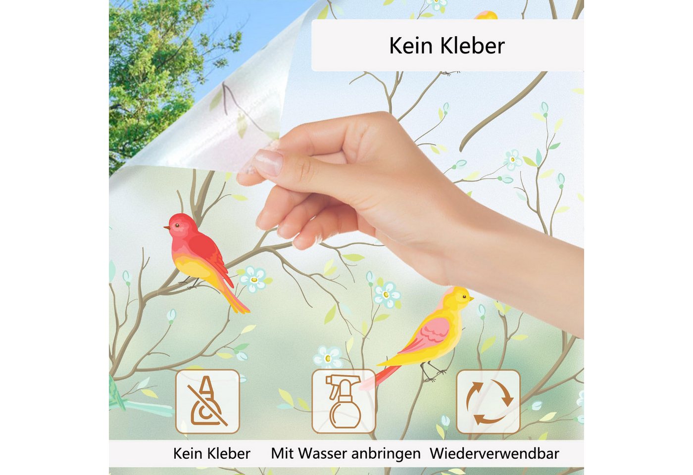 Diwzbyn Fensterfolie Blickdicht, Selbsthaftend Milchglasfolie, Sichtschutzfolie Fenster, Sonnenschutzfolie Statisch Haftend Anti UV Dekorfolie Vogel – Bild 4 von 5