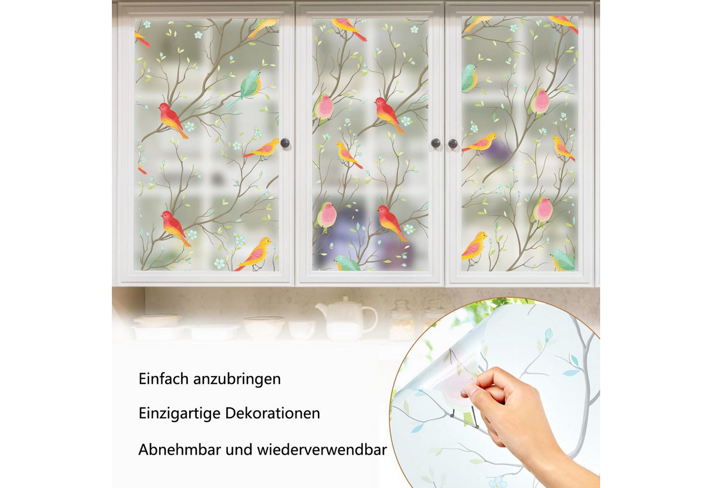 Diwzbyn Fensterfolie Blickdicht, Selbsthaftend Milchglasfolie, Sichtschutzfolie Fenster, Sonnenschutzfolie Statisch Haftend Anti UV Dekorfolie Vogel – Bild 5 von 5