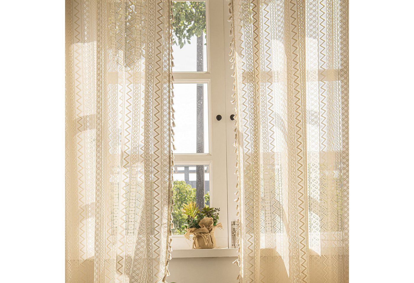 Diwzbyn Gardine Boho-Fransen-Vorhang, Vintage-Häkelspitzen-Gardine, Wellenförmiger Ösenvorhang aus Voile für Wohnzimmer und Schlafzimmer – Bild 4 von 5