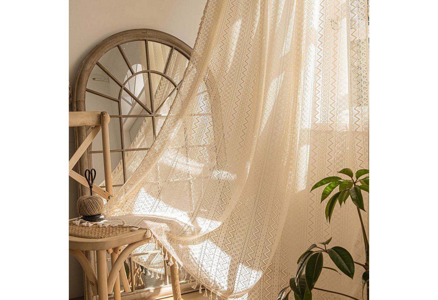 Diwzbyn Gardine Boho-Fransen-Vorhang, Vintage-Häkelspitzen-Gardine, Wellenförmiger Ösenvorhang aus Voile für Wohnzimmer und Schlafzimmer – Bild 5 von 5