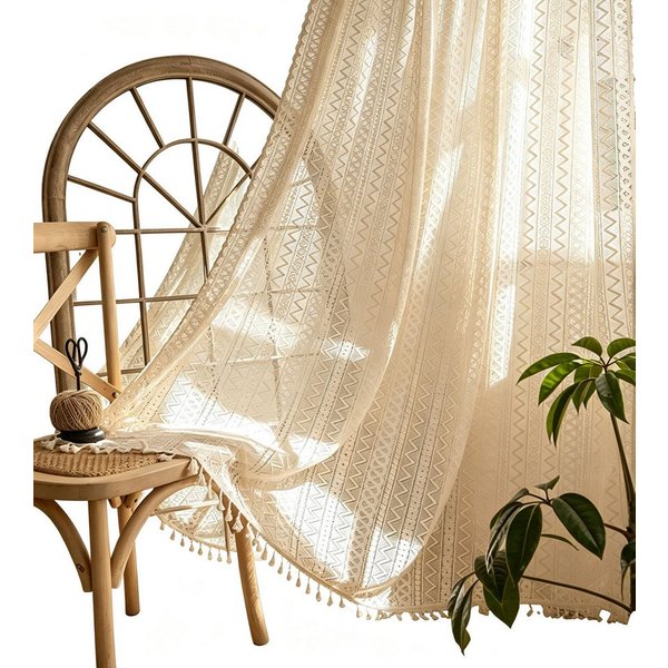 Diwzbyn Gardine Boho-Fransen-Vorhang, Vintage-Häkelspitzen-Gardine, Wellenförmiger Ösenvorhang aus Voile für Wohnzimmer und Schlafzimmer