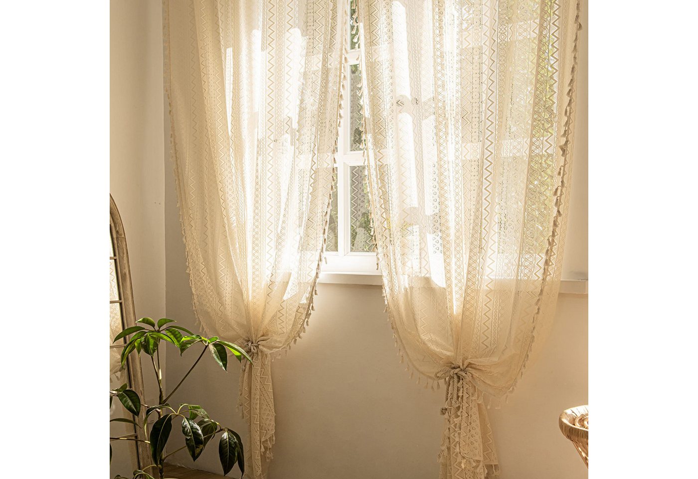 Diwzbyn Gardine Boho-Fransen-Vorhang, Vintage-Häkelspitzen-Gardine, Wellenförmiger Ösenvorhang aus Voile für Wohnzimmer und Schlafzimmer – Bild 3 von 5