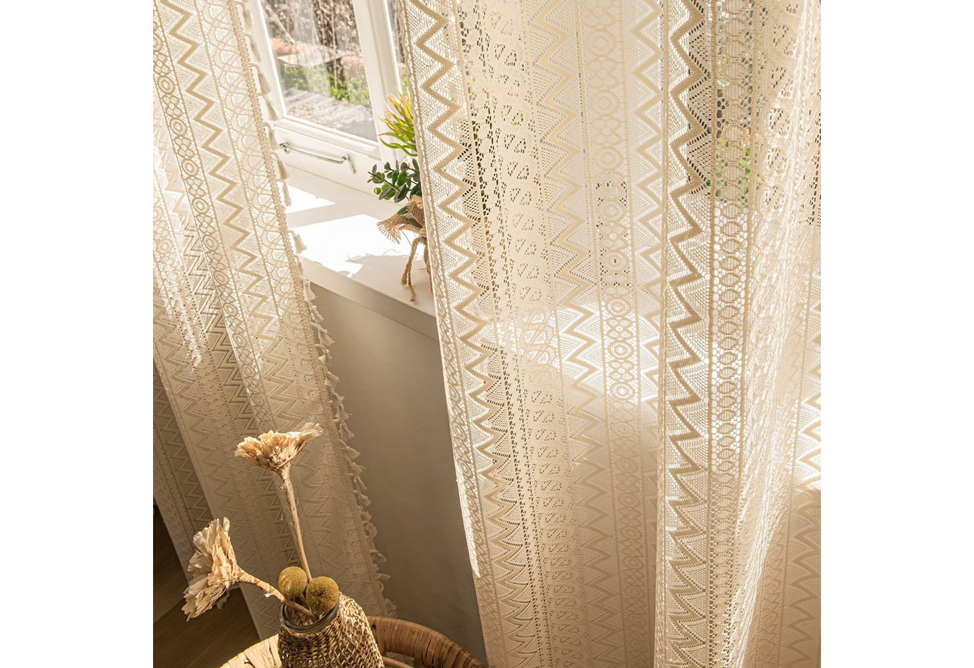 Diwzbyn Gardine Boho-Fransen-Vorhang, Vintage-Häkelspitzen-Gardine, Wellenförmiger Ösenvorhang aus Voile für Wohnzimmer und Schlafzimmer – Bild 2 von 5