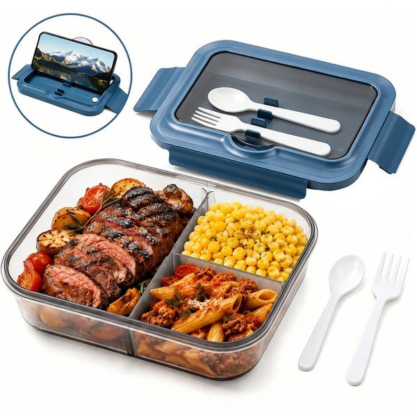 Diwzbyn Lunchbox Lunchbox 1400ml, 3 Fächer, Mit Löffel & Gabel, Auslaufsicher, Mikrowellen- & Spülmaschinengeeignet, Deckel als Handyhalter