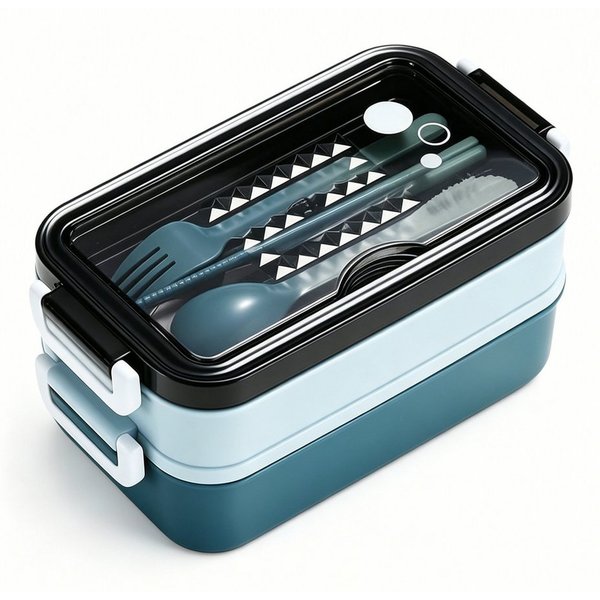 Diwzbyn Lunchbox Lunchbox 1400ml, 2-stufig, Mit Fächern & Besteck, Mit Gabel, Löffel & Essstäbchen, mikrowellengeeignet