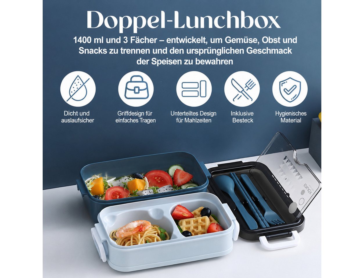 Diwzbyn Lunchbox Lunchbox 1400ml, 2-stufig, Mit Fächern & Besteck, Mit Gabel, Löffel & Essstäbchen, mikrowellengeeignet – Bild 2 von 5
