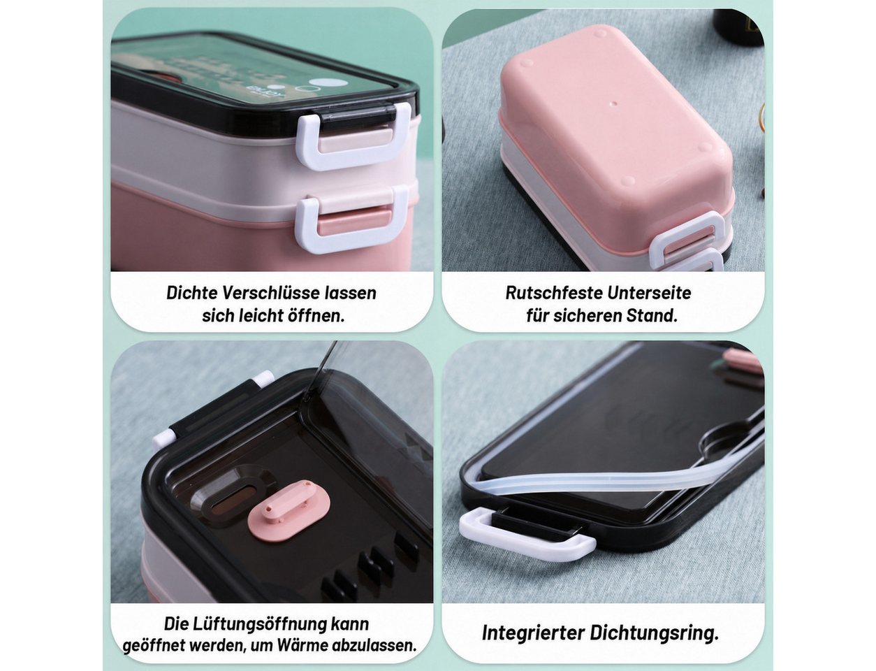 Diwzbyn Lunchbox Lunchbox 1400ml, 2-stufig, Mit Fächern & Besteck, Mit Gabel, Löffel & Essstäbchen, mikrowellengeeignet – Bild 3 von 5
