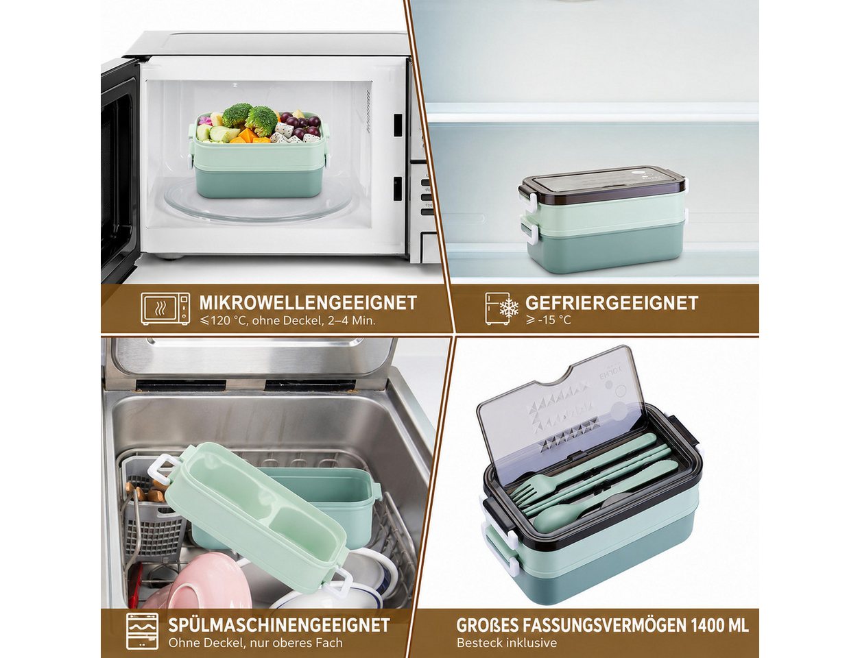 Diwzbyn Lunchbox Lunchbox 1400ml, 2-stufig, Mit Fächern & Besteck, Mit Gabel, Löffel & Essstäbchen, mikrowellengeeignet – Bild 5 von 5