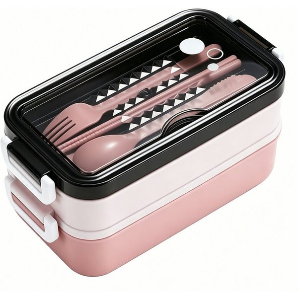 Diwzbyn Lunchbox Lunchbox 1400ml, 2-stufig, Mit Fächern & Besteck, Mit Gabel, Löffel & Essstäbchen, mikrowellengeeignet