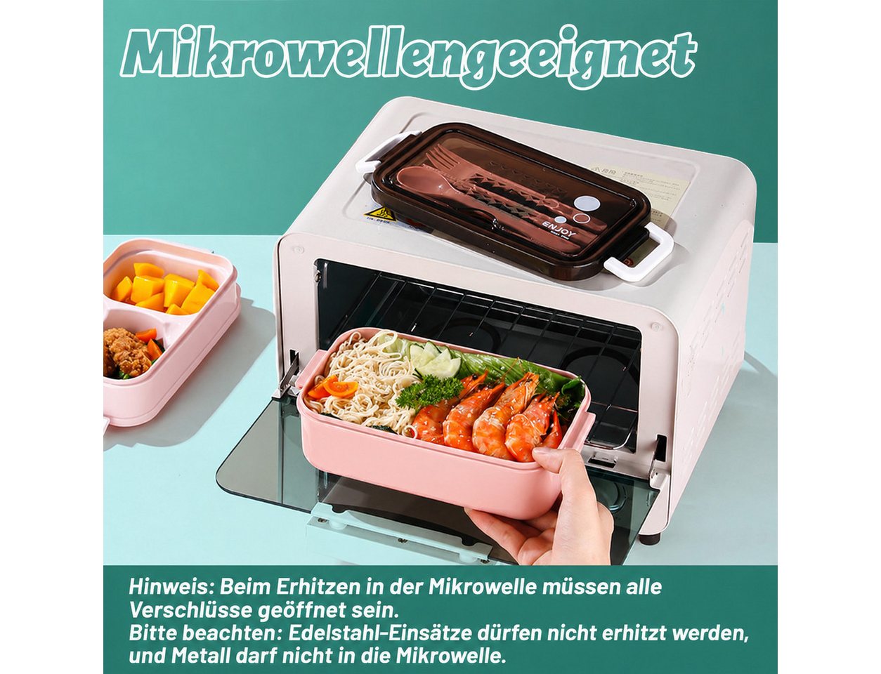 Diwzbyn Lunchbox Lunchbox 1400ml, 2-stufig, Mit Fächern & Besteck, Mit Gabel, Löffel & Essstäbchen, mikrowellengeeignet – Bild 4 von 5
