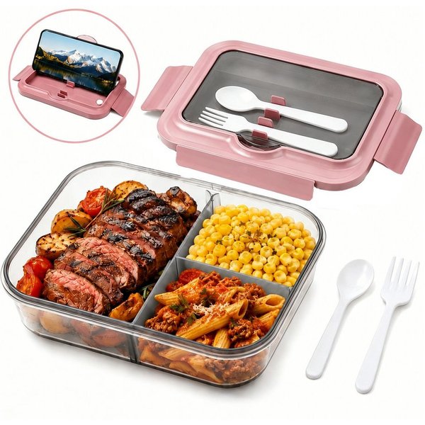 Diwzbyn Lunchbox Lunchbox 1400ml, 3 Fächer, Mit Löffel & Gabel, Auslaufsicher, Mikrowellen- & Spülmaschinengeeignet, Deckel als Handyhalter