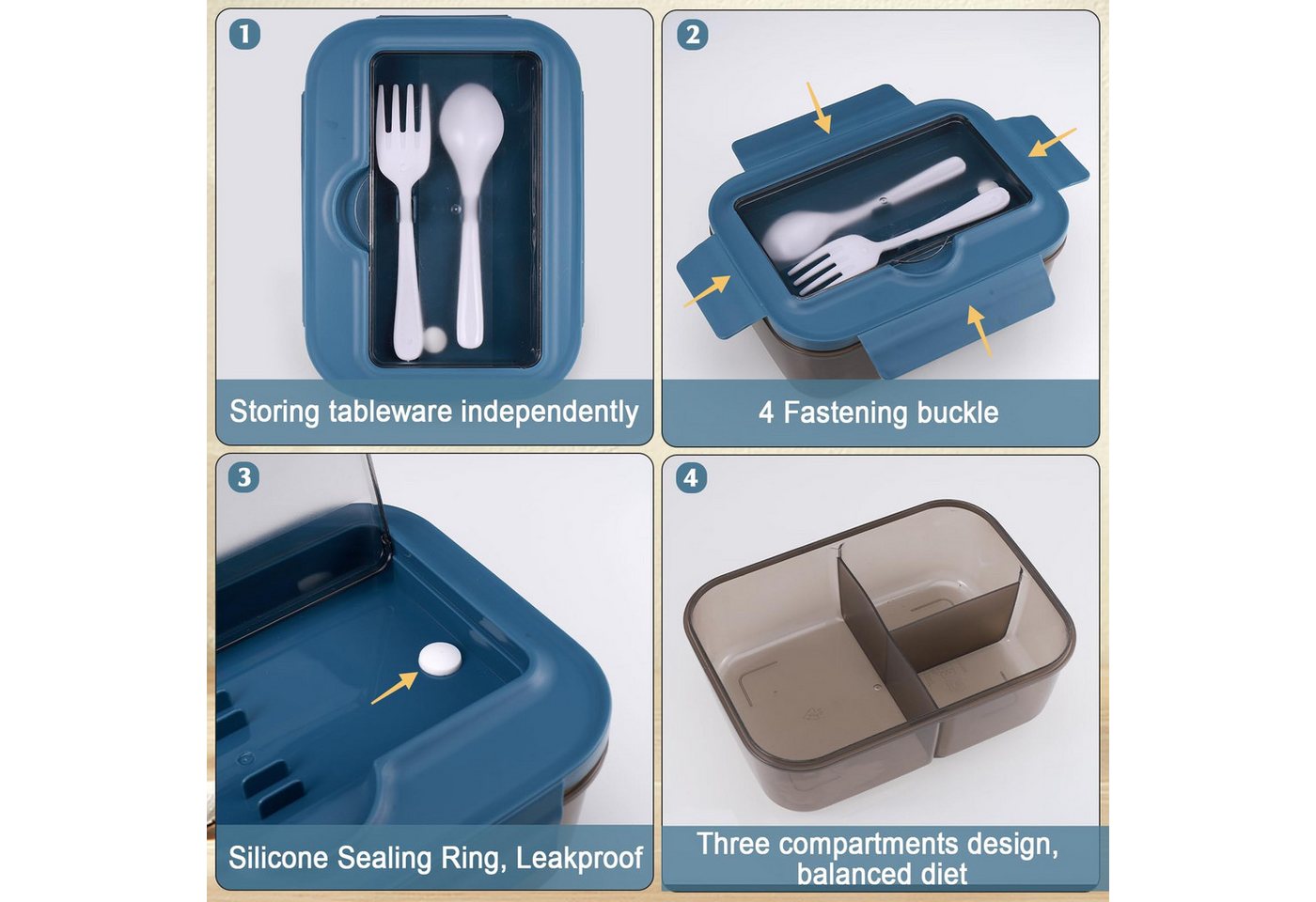 Diwzbyn Lunchbox Lunchbox 1400ml, 3 Fächer, Mit Löffel & Gabel, Auslaufsicher, Mikrowellen- & Spülmaschinengeeignet, Deckel als Handyhalter – Bild 3 von 5