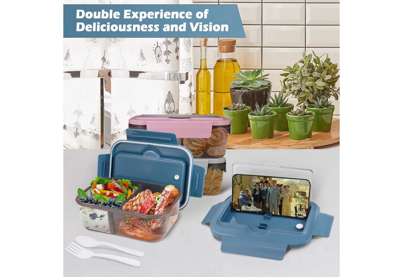 Diwzbyn Lunchbox Lunchbox 1400ml, 3 Fächer, Mit Löffel & Gabel, Auslaufsicher, Mikrowellen- & Spülmaschinengeeignet, Deckel als Handyhalter – Bild 4 von 5