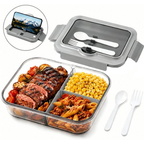 Diwzbyn Lunchbox Lunchbox 1400ml, 3 Fächer, Mit Löffel & Gabel, Auslaufsicher, Mikrowellen- & Spülmaschinengeeignet, Deckel als Handyhalter