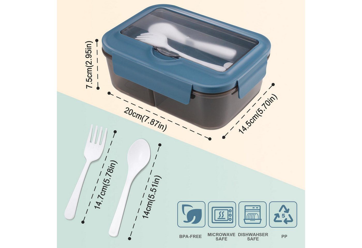Diwzbyn Lunchbox Lunchbox 1400ml, 3 Fächer, Mit Löffel & Gabel, Auslaufsicher, Mikrowellen- & Spülmaschinengeeignet, Deckel als Handyhalter – Bild 2 von 5