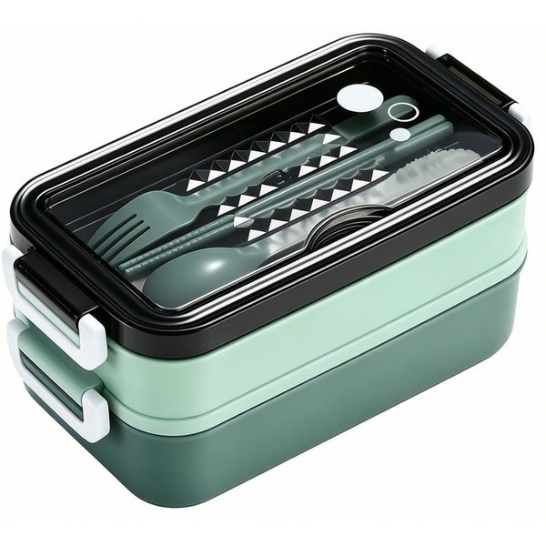 Diwzbyn Lunchbox Lunchbox 1400ml, 2-stufig, Mit Fächern & Besteck, Mit Gabel, Löffel & Essstäbchen, mikrowellengeeignet