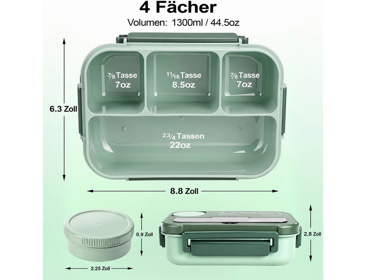 Diwzbyn Lunchbox Bento Box 1300 ml, Lunchbox mit Besteck, Auslaufsicher, BPA-frei mit Saucenfach, Silikondichtung & Besteckfach im Deckel – Bild 2 von 5