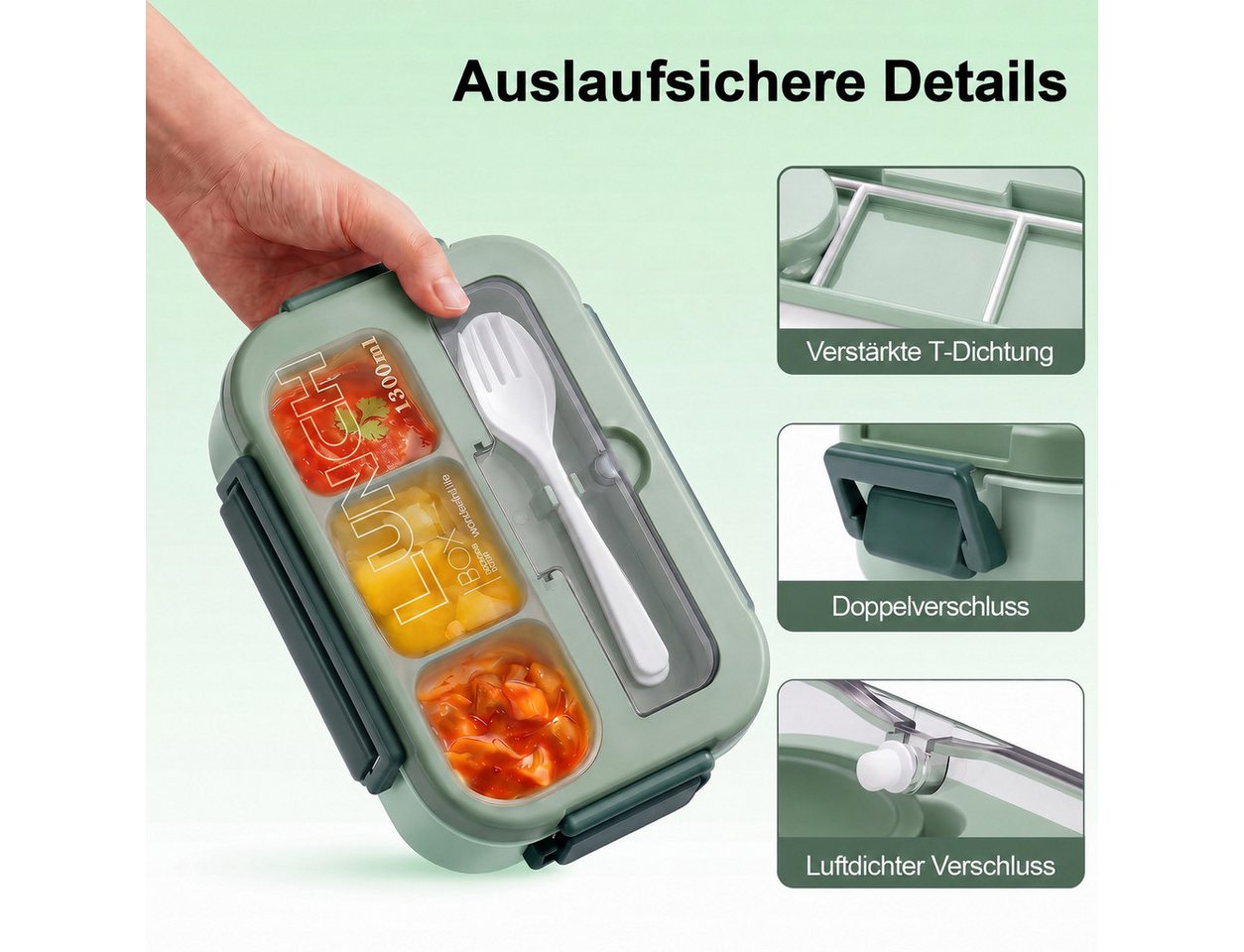 Diwzbyn Lunchbox Bento Box 1300 ml, Lunchbox mit Besteck, Auslaufsicher, BPA-frei mit Saucenfach, Silikondichtung & Besteckfach im Deckel – Bild 3 von 5