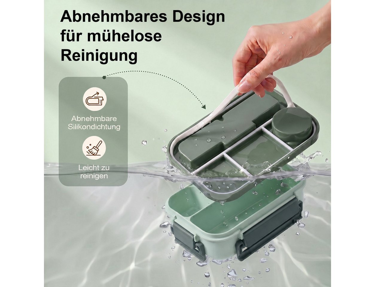 Diwzbyn Lunchbox Bento Box 1300 ml, Lunchbox mit Besteck, Auslaufsicher, BPA-frei mit Saucenfach, Silikondichtung & Besteckfach im Deckel – Bild 4 von 5