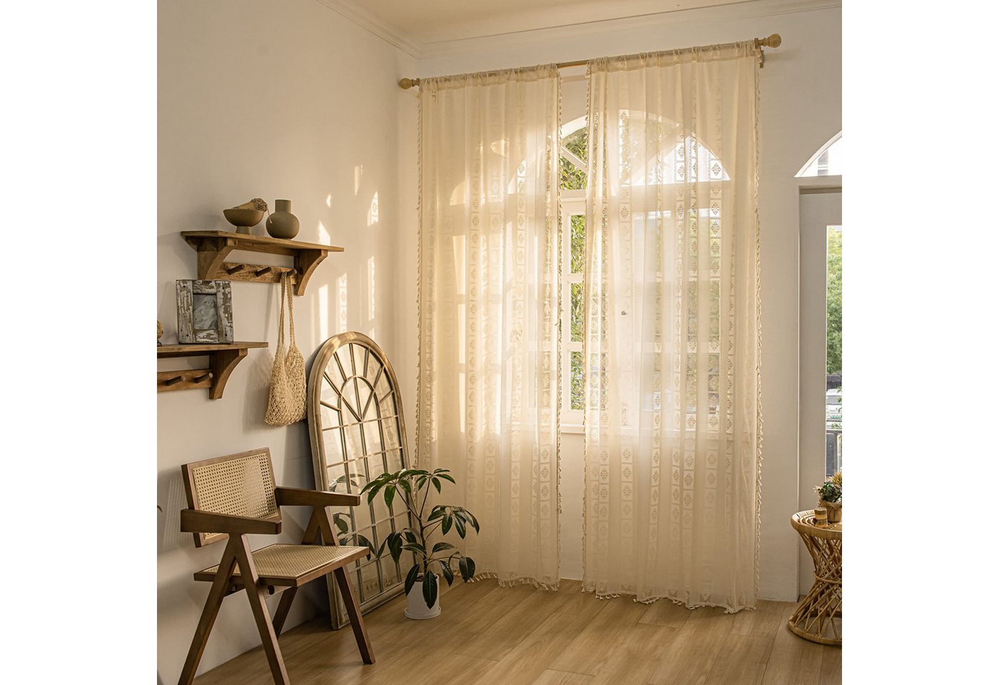 Diwzbyn Vorhang Beige Boho-Vorhang, halbtransparenter Vorhang mit Fransen, geeignet für die Wohn- und Schlafzimmerdekoration – Bild 2 von 5
