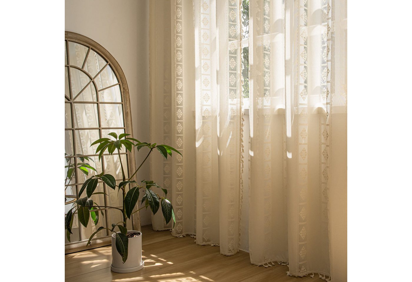 Diwzbyn Vorhang Beige Boho-Vorhang, halbtransparenter Vorhang mit Fransen, geeignet für die Wohn- und Schlafzimmerdekoration – Bild 3 von 5