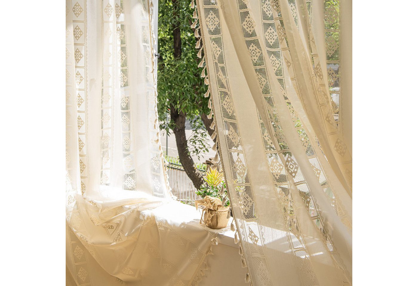 Diwzbyn Vorhang Beige Boho-Vorhang, halbtransparenter Vorhang mit Fransen, geeignet für die Wohn- und Schlafzimmerdekoration – Bild 4 von 5