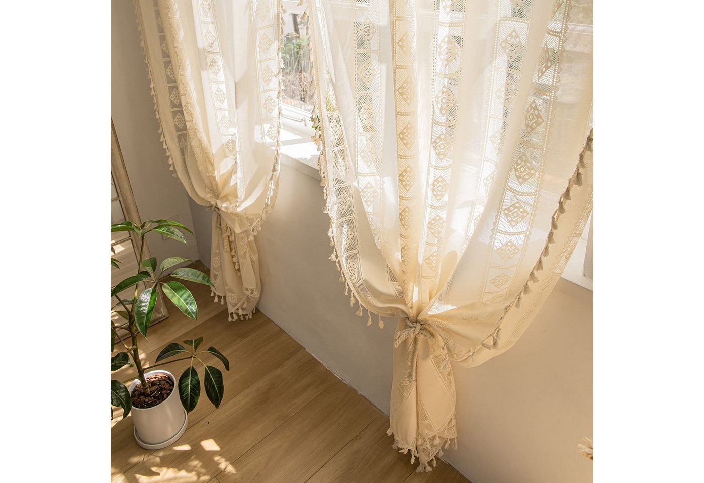 Diwzbyn Vorhang Beige Boho-Vorhang, halbtransparenter Vorhang mit Fransen, geeignet für die Wohn- und Schlafzimmerdekoration – Bild 5 von 5