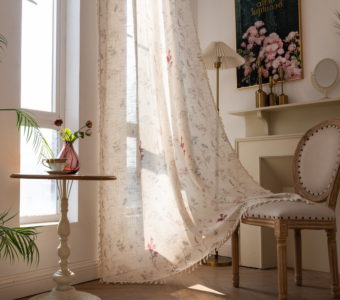 Diwzbyn Vorhang Boho-Blumen-Vorhang, halbtransparenter Vorhang im Landhausstil – Bild 4 von 5