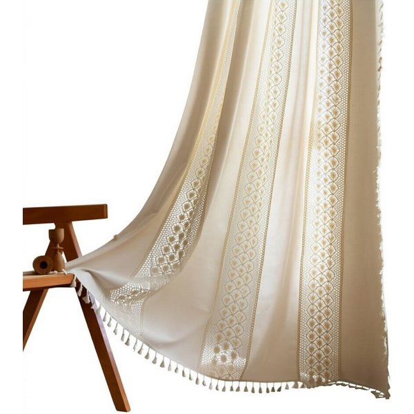 Diwzbyn Vorhang Boho-Vorhänge, beige Lochmuster-Gardine, Vintage-Landhausstil-Vorhänge, Fransen-Vorhänge