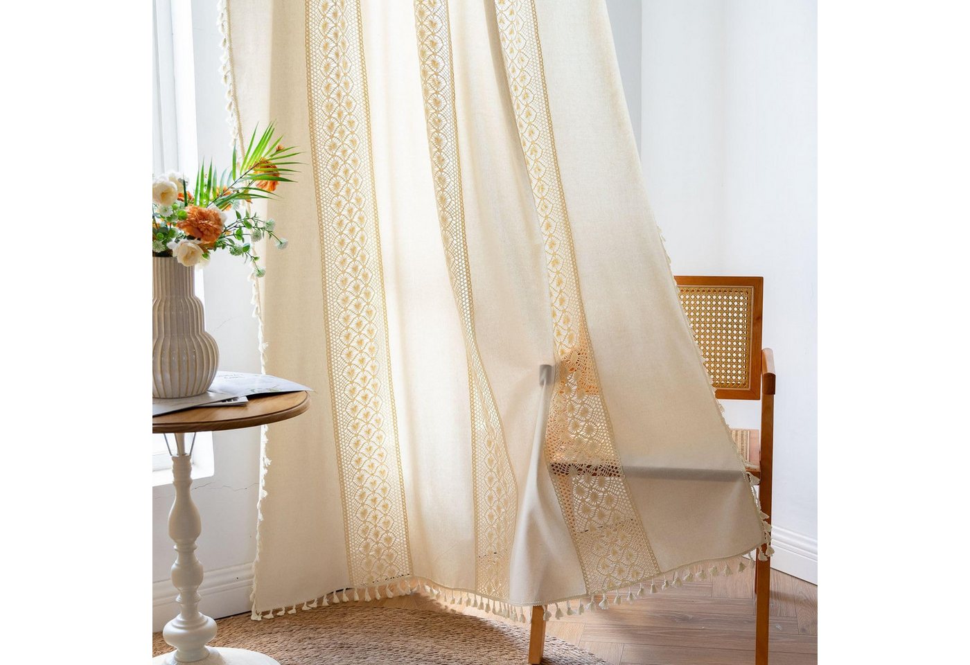 Diwzbyn Vorhang Boho-Vorhänge, beige Lochmuster-Gardine, Vintage-Landhausstil-Vorhänge, Fransen-Vorhänge – Bild 2 von 5