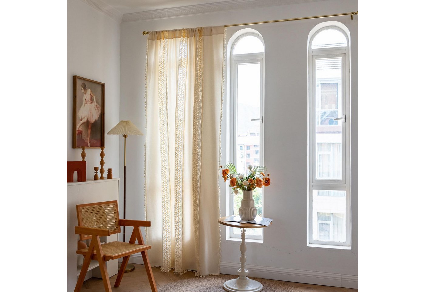 Diwzbyn Vorhang Boho-Vorhänge, beige Lochmuster-Gardine, Vintage-Landhausstil-Vorhänge, Fransen-Vorhänge – Bild 5 von 5