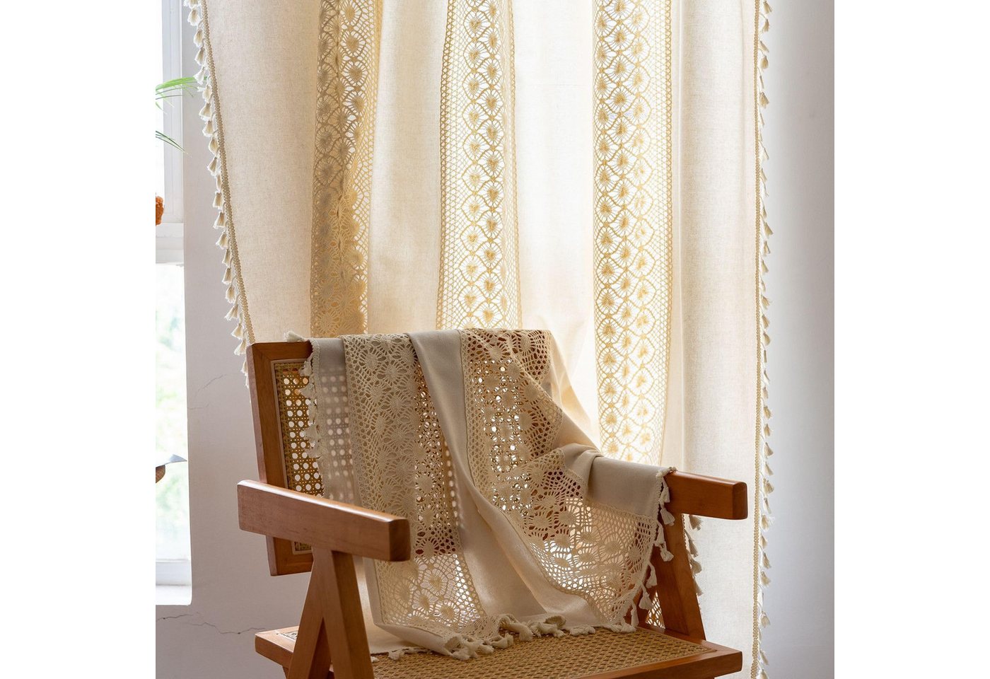 Diwzbyn Vorhang Boho-Vorhänge, beige Lochmuster-Gardine, Vintage-Landhausstil-Vorhänge, Fransen-Vorhänge – Bild 3 von 5