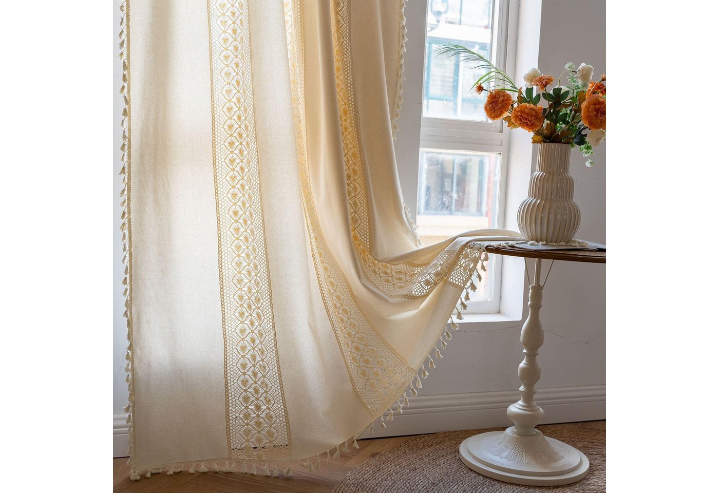 Diwzbyn Vorhang Boho-Vorhänge, beige Lochmuster-Gardine, Vintage-Landhausstil-Vorhänge, Fransen-Vorhänge – Bild 4 von 5