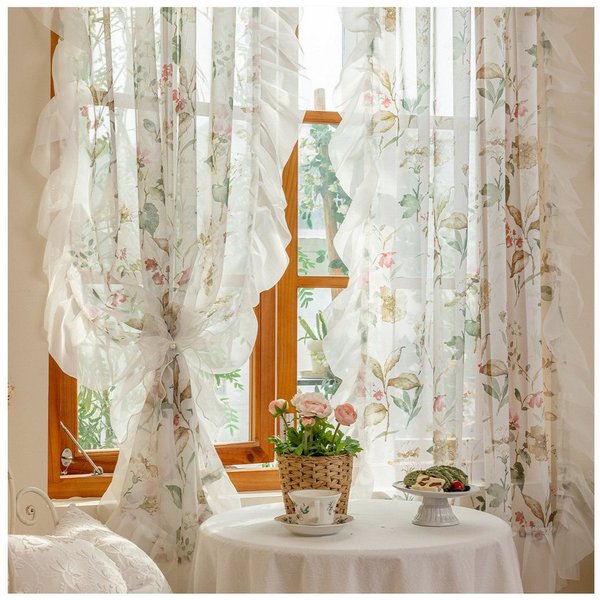 Diwzbyn Vorhang Kamelien-Blumenmuster-Vorhänge, Transparente Gardine mit Rüschenvolant, Boho-Vorhänge für Wohnzimmer und Schlafzimmer