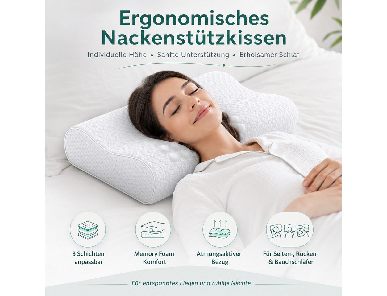 Diyarts Gelschaumkopfkissen, Füllung: Memory Foam, Seiten-, Rücken- & Bauchschläfer, 3-Schichten-System, Nackenkissen, Visco-Kissen, 3-fach höhenverstellbar, Er – Bild 3 von 5