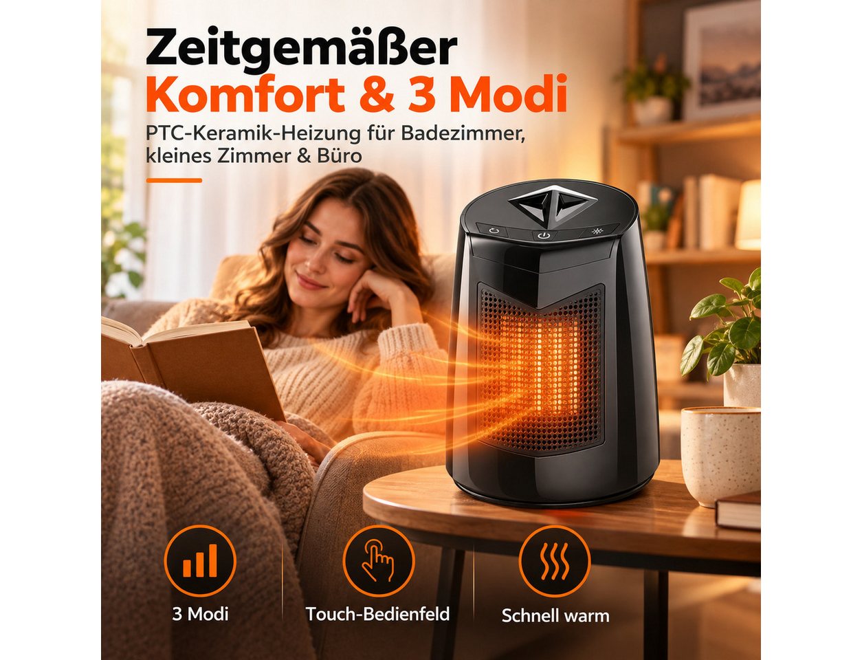 Diyarts Keramikheizlüfter, 800 W, Heizlüfter 3 Leistungsstufen, Klein 70° Oszillierend – Bild 2 von 5