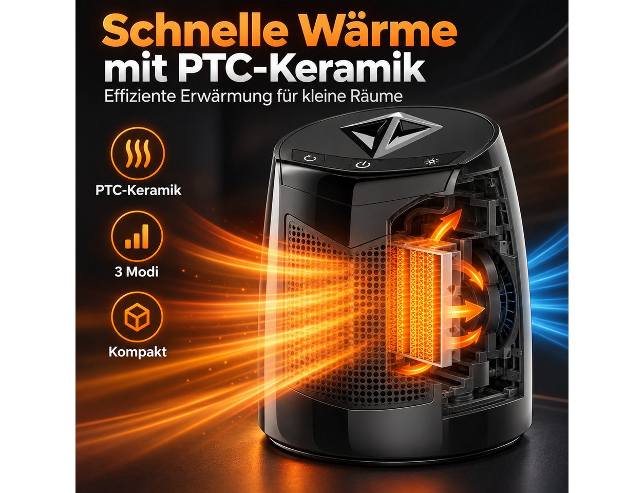 Diyarts Keramikheizlüfter, 800 W, Heizlüfter 3 Leistungsstufen, Klein 70° Oszillierend – Bild 3 von 5