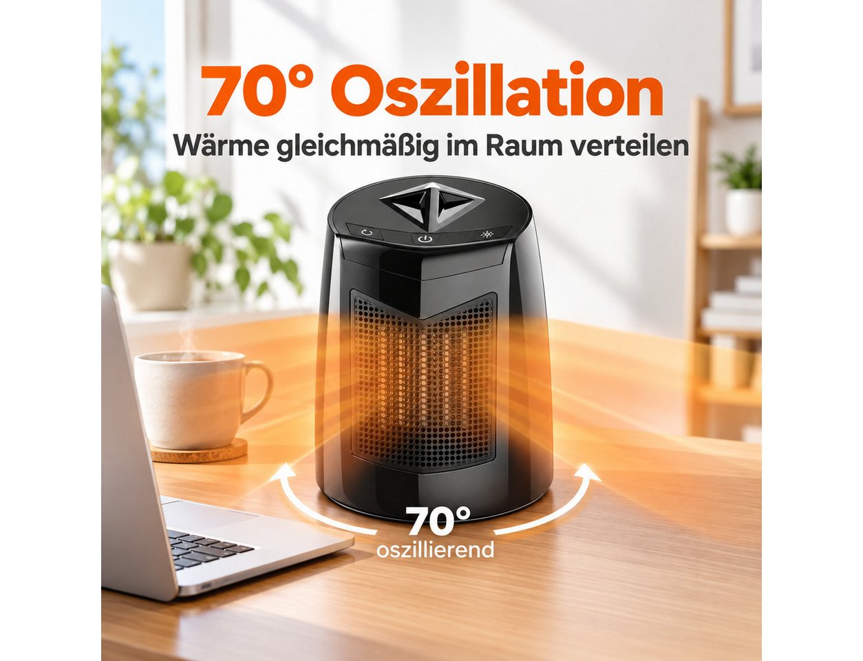 Diyarts Keramikheizlüfter, 800 W, Heizlüfter 3 Leistungsstufen, Klein 70° Oszillierend – Bild 4 von 5