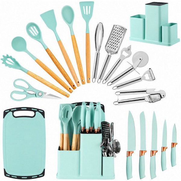 Diyarts Kochbesteck-Set (Set, 23-tlg., Setumfang: Beige 23-teilig, Grün, Weiß und Schwarz 20-teilig), Silikon-Kochflächen, Holzgriffe, Edelstahl, inkl. Kochmess