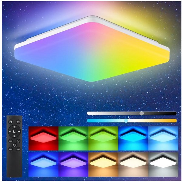 Diyarts LED Deckenleuchte, RGB-Zyklusmodus, LED fest integriert, warmes, kaltes & neutrales Licht, 7 RGB Lichtfarben, integrierter LED, Memory-Funktion, Augensc